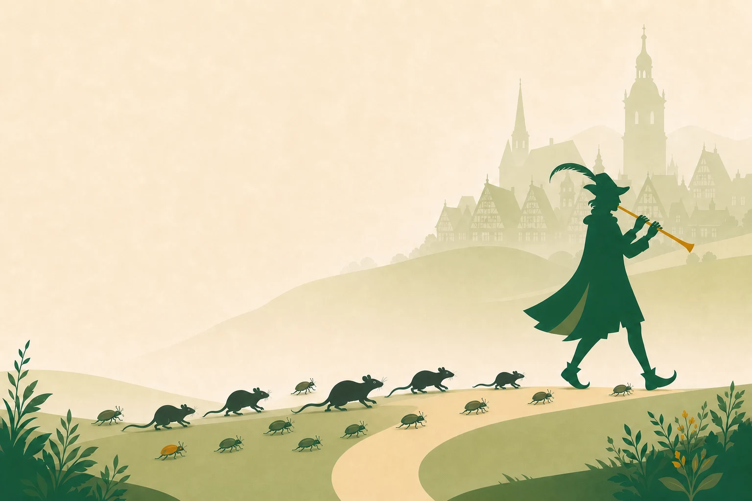 Illustration: Der Rattenfänger von Hameln führt Ratten und Käfer aus der Stadt hinaus.