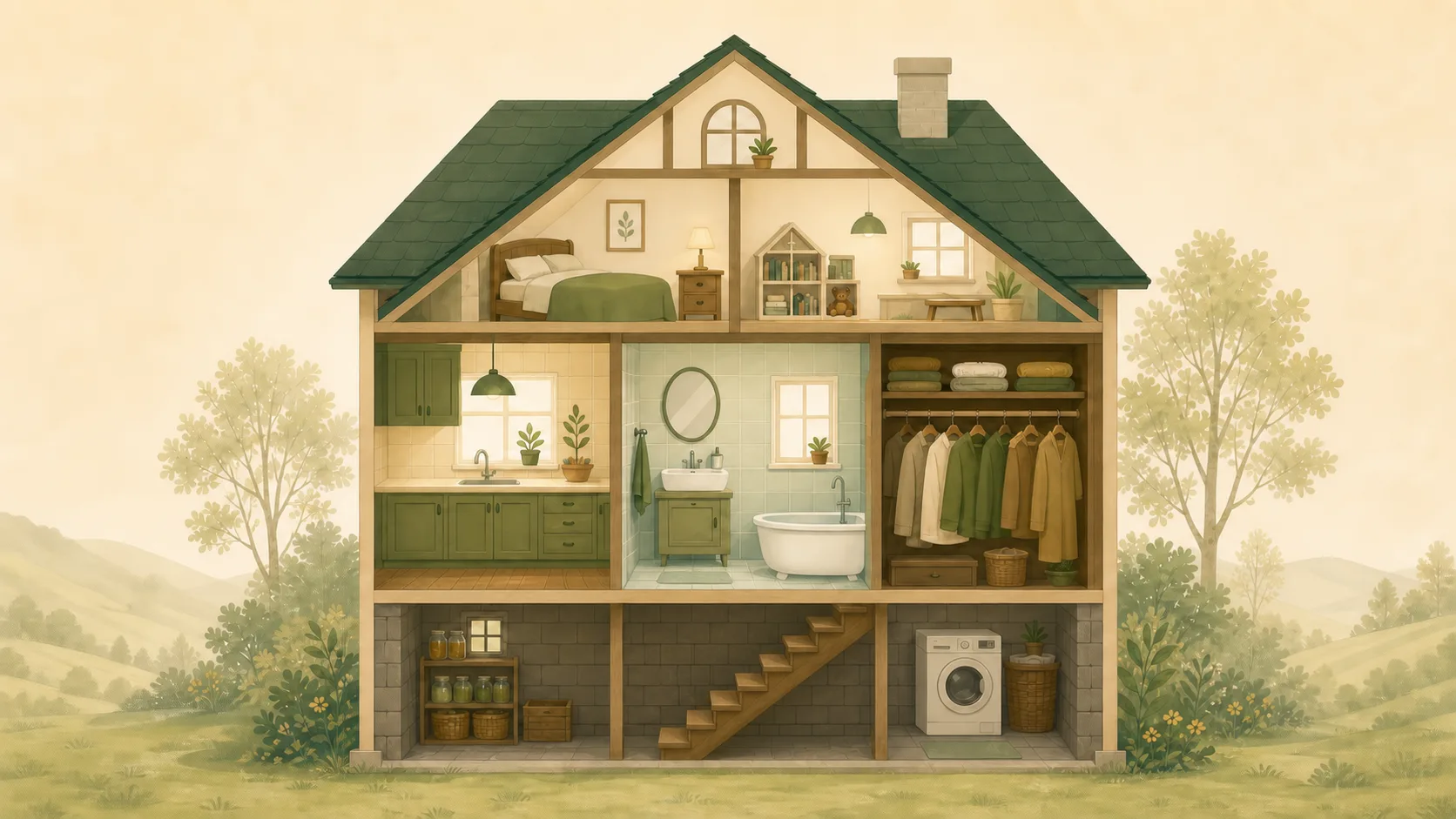 Illustration: Haus im Querschnitt mit typischen Schädlingsverstecken — vom Dachboden über Küche, Bad und Kleiderschrank bis in den Keller.