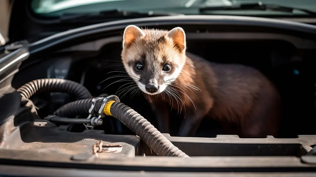 Steinmarder sitzt im geöffneten Motorraum eines Autos zwischen Kabeln und Schläuchen
